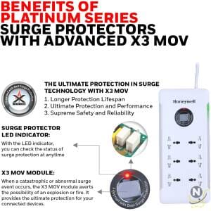 Honeywell Surge Protector/Spike Guard/Extension Board,  Master Switch,  6 Universal Sockets,  36000Amp,  1.5 Meter Cord,  Device Secure Warranty,  X3 Fireproof MOV tech,  3 Year Manufacturer Warranty-White