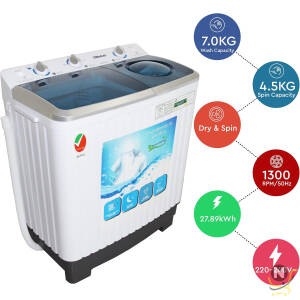 Nobel 6.0KG Wash /4.5KG Spin Capacity Twin Tub Washing Machine, 400W Wash Power, Air Drying, IPX4 Waterproof Grade, Transparent