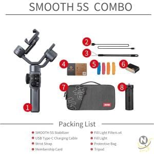 Zhiyun Smooth 5S Combo Professional Gimbal Stabilizer for Smartphone,  Handheld 3-Axis Phone Gimbal,  Portable Stabilizer Compatible with iPhone and Android - Gray