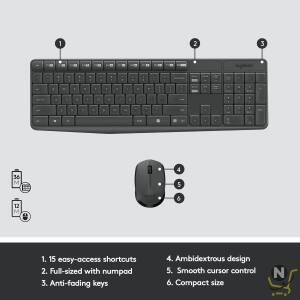 Logitech MK235 Wireless Keyboard and Mouse Combo for Windows,  2.4 GHz Wireless with Unifying USB-Receiver,  Wireless Mouse,  15 FN Keys,  3-Year Battery Life,  PC/Laptop,  Arabic/English Layout - Black