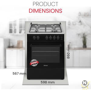 Nobel 60 x 55 Gas Cooker, 4 Gas Burner, Gas Oven & Gas Grill, 6 Knob, Manual Button Ignition, Glass Lid, 59.8 x 56.7 x 86 cm,