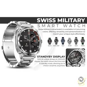 Swiss Military Dom 4 Smartwatch - 1.43" AMOLED,  Call Features,  Multi Language,  Heart Rate/BP/Oxygen Level Monitoring,  Wireless Charging,  5-7 Days Battery Life, IP67,  Compatibility iOS/Android- Silver