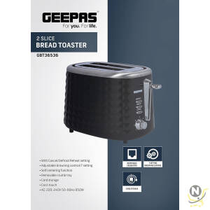 Geepas 850W 2 Slice Bread Toaster AdjUStable 7 Browning Control Pop Up With Removable Crumb Collection Tray, Black, Gbt36536"Min