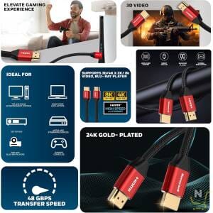 Honeywell HDMI Cable 2.1 with Ethernet,  8k@60Hz,  4K@120Hz UHD Resolution,  3Mtr(9.8ft),  48 GBPS Transmission Ultra High Speed,  Dolby DTS,  eARC,  3D, Male-to-Male, Compatible with All HDMI-Enabled Devices