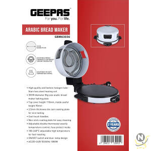 Geepas Arabic Bread Maker, 30cm Non-Stick Baking Plate, GBM63036 | Halogen Tube & Stainless Steel Heating Coil | Adjustable