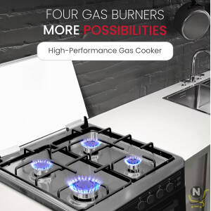 Nobel 60 x 55 Gas Cooker, 4 Gas Burner, Gas Oven & Gas Grill, 6 Knob, Manual Button Ignition, Glass Lid, 59.8 x 56.7 x 86 cm,