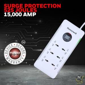 Honeywell Surge Protector/Spike Guard/Extension Board,  Master Switch,  6 Universal Sockets,  36000Amp,  1.5 Meter Cord,  Device Secure Warranty,  X3 Fireproof MOV tech,  3 Year Manufacturer Warranty-White