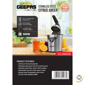 Geepas Stainless Steel Citrus Juicer-GCJ46018| Juicer for Orange Juice, Lemon| Deluxe Stainless Steel Body with Aluminum